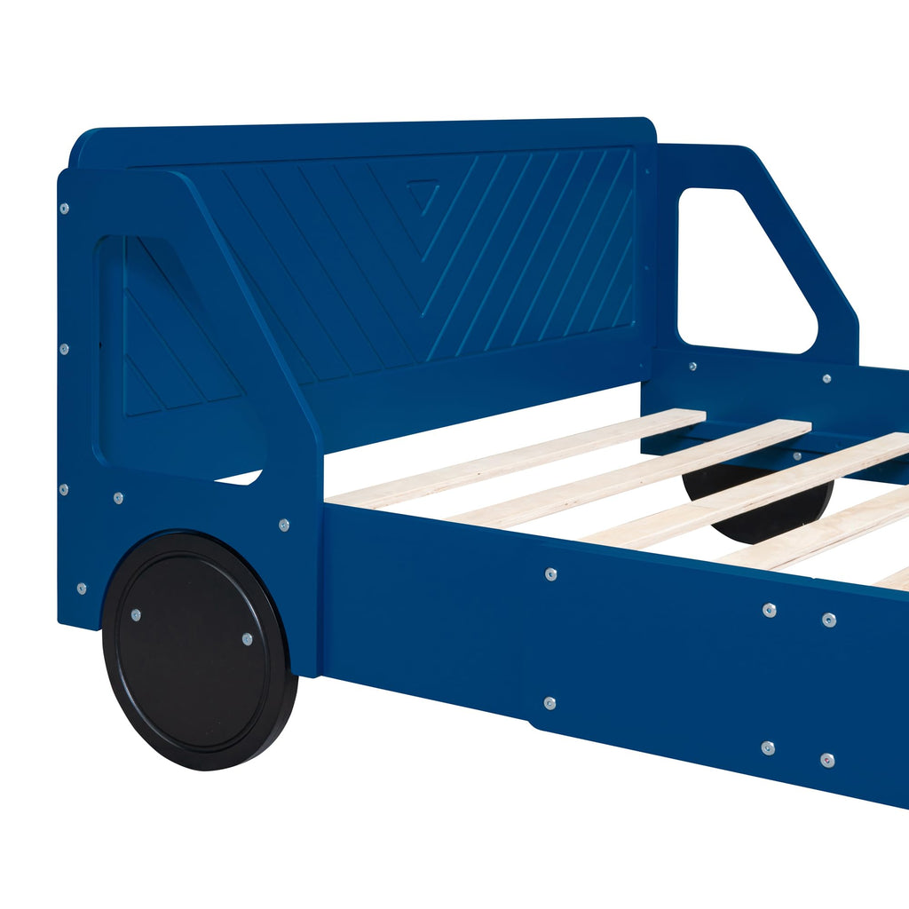 SOFTSEA Lit en forme de voiture taille réelle, cadre de lit en bois avec roues et barrières de sécurité, lit au sol en forme de voiture pour enfants garçons, pas besoin de sommier, bleu