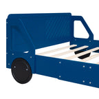 SOFTSEA Lit en forme de voiture taille réelle, cadre de lit en bois avec roues et barrières de sécurité, lit au sol en forme de voiture pour enfants garçons, pas besoin de sommier, bleu