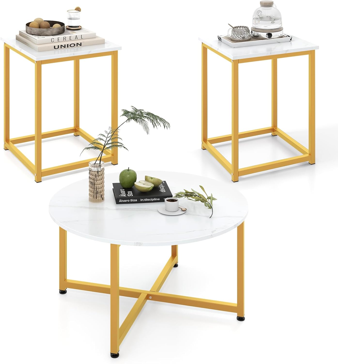 Giantex Round Nesting Table Set of 3, Modern Faux Marble Coffee Table w/2 End Tables, Sturdy Metal Frame, 3-Piece Wooden Living Room Table Set for Home Office, Apartment (White & Gold)