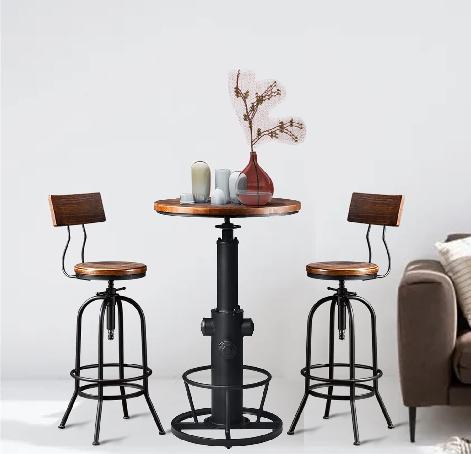 LOKKHAN Industrial Bar Table 38.6"-48.4" Height Adjustable Swivel Round Wood Tabletop 23.7" Dia, Kitchen Dining Office Coffee Bistro Pub Table