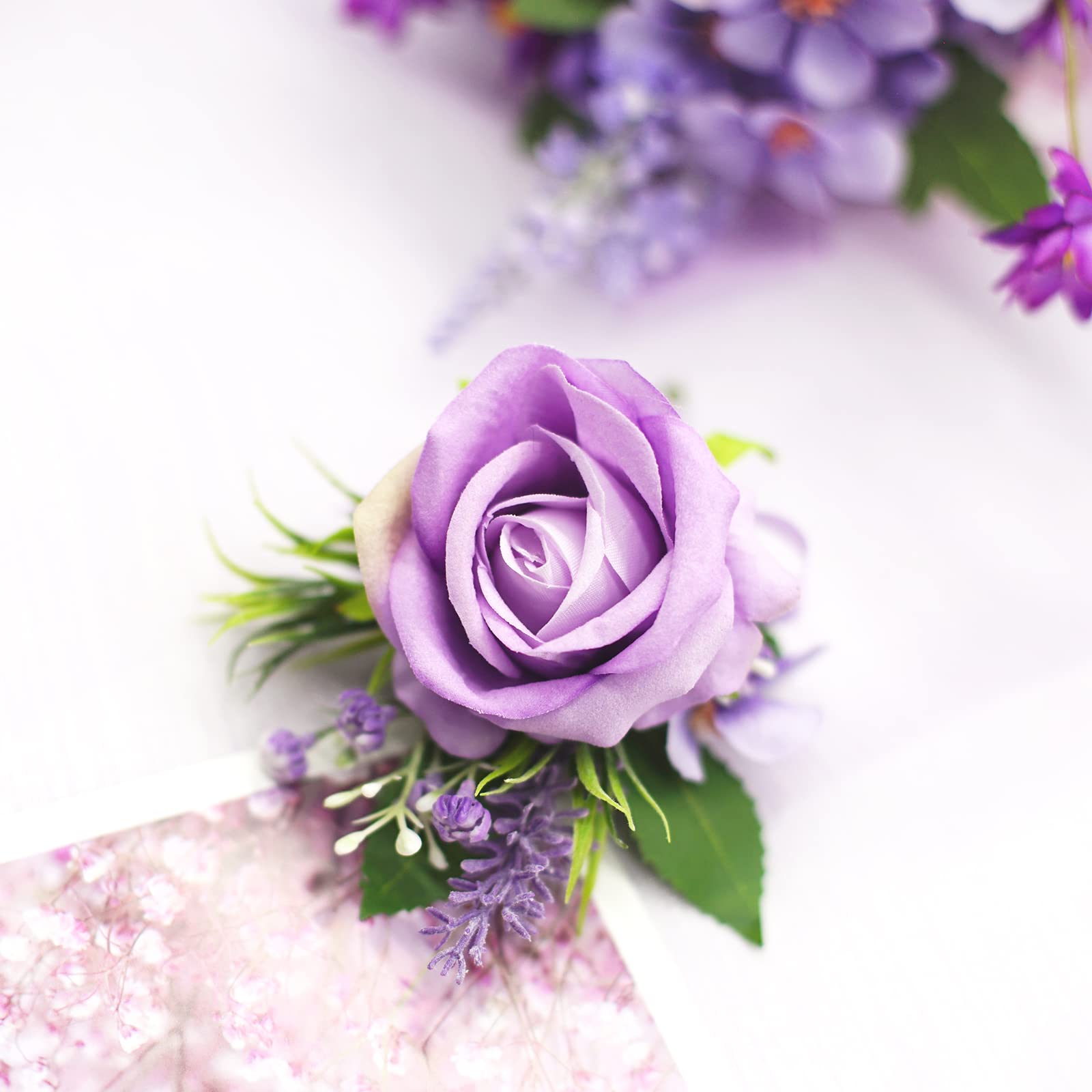 Floinla Purple Corsage and Boutonniere Set for Wedding Prom, Artificial Flower Wrist Corsage Bracelets, Homecoming Corsage Wristlet, Boutonniere for Men Wedding Suit Decorations