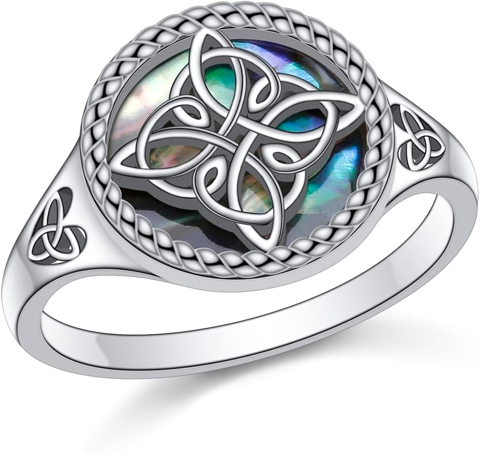 Witches Knot Ring for Women 925 Sterling Silver Abalone Shell Celtic Knot Rings Protection Irish Jewelry for Women