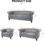 AVZEAR Chesterfield 3-Piece Living Room Sectional Sofa Set, Mid-Century Modern Upholstered PU Couch, Classic Tufted Button Sofa with Nailhead Trim for Living Room, Office (Brown)