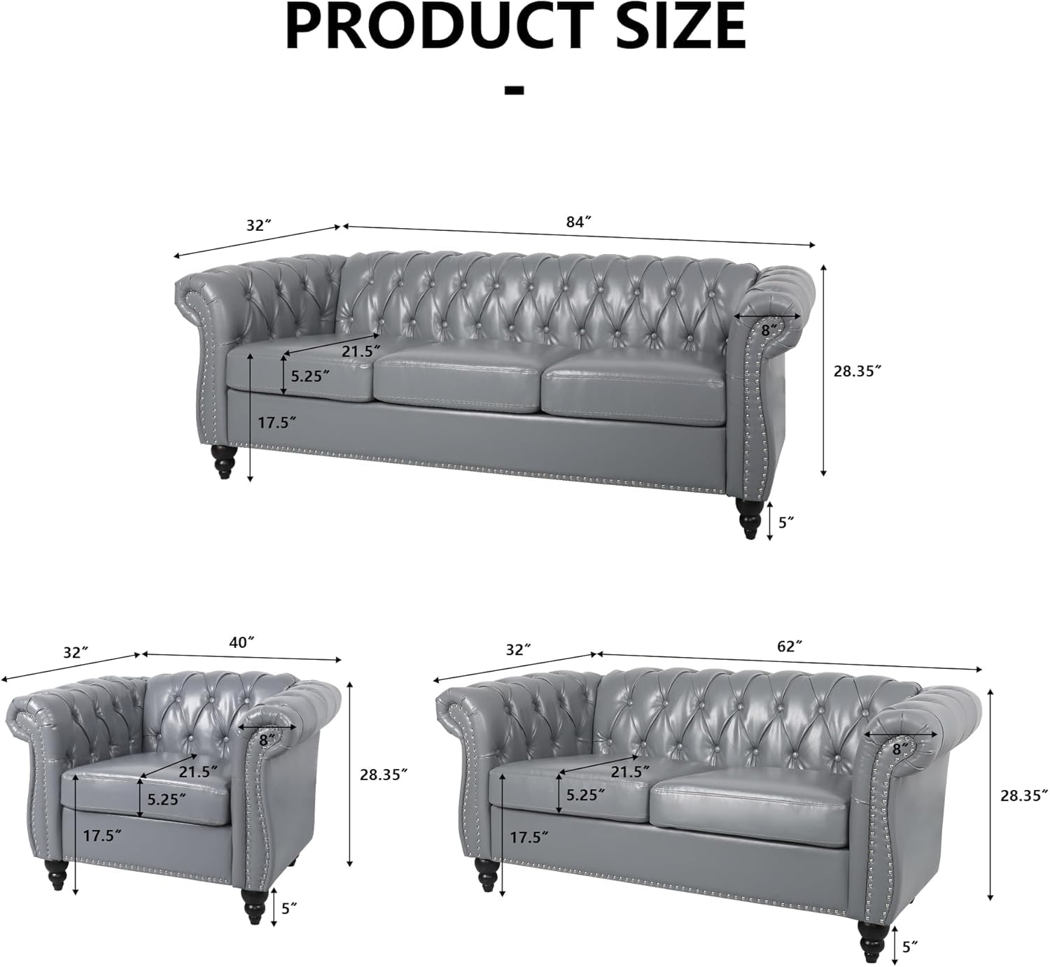 AVZEAR 82" Three Seater Leather Sofa, Chesterfield Sofa, Mid-Century Modern PU Upholstered Sofa Couch, Deep Button Tufted Living Room Sofa with Two Throw Pillows, Black