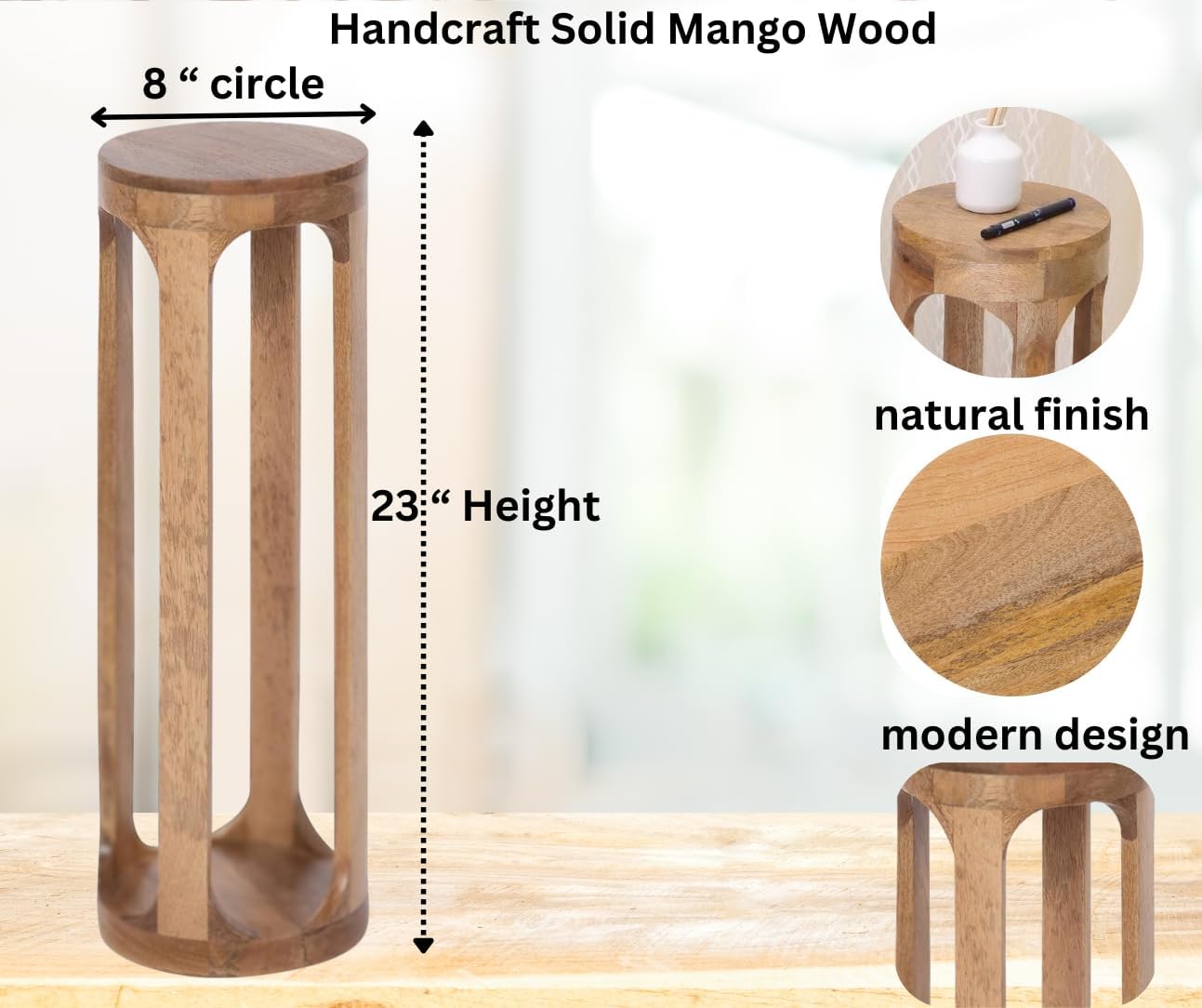 Wooden Round Drink Tables for Small Spaces 8x23 Bedroom Nightstand for Living Room Coffee Accent Pedestal, Modern Boho Decorative Display & Storages Stand for Plant (Natural)