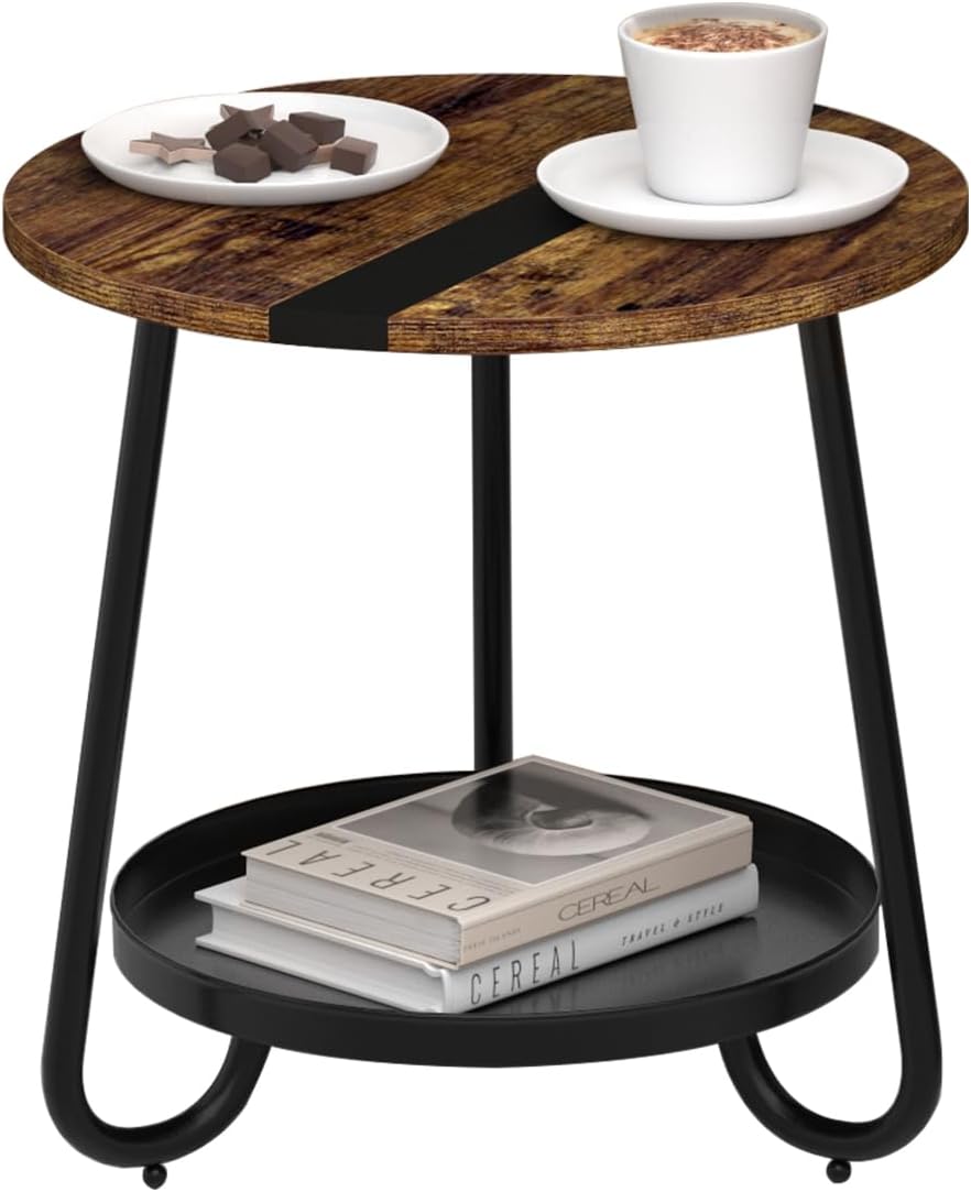 2 Tier Coffee Table in Living Room, Industrial Style Round Coffee Table with Metal Tray, Wood Small Outdoor Coffee Table for Bedroom Balcony Patio, Rustic Brown