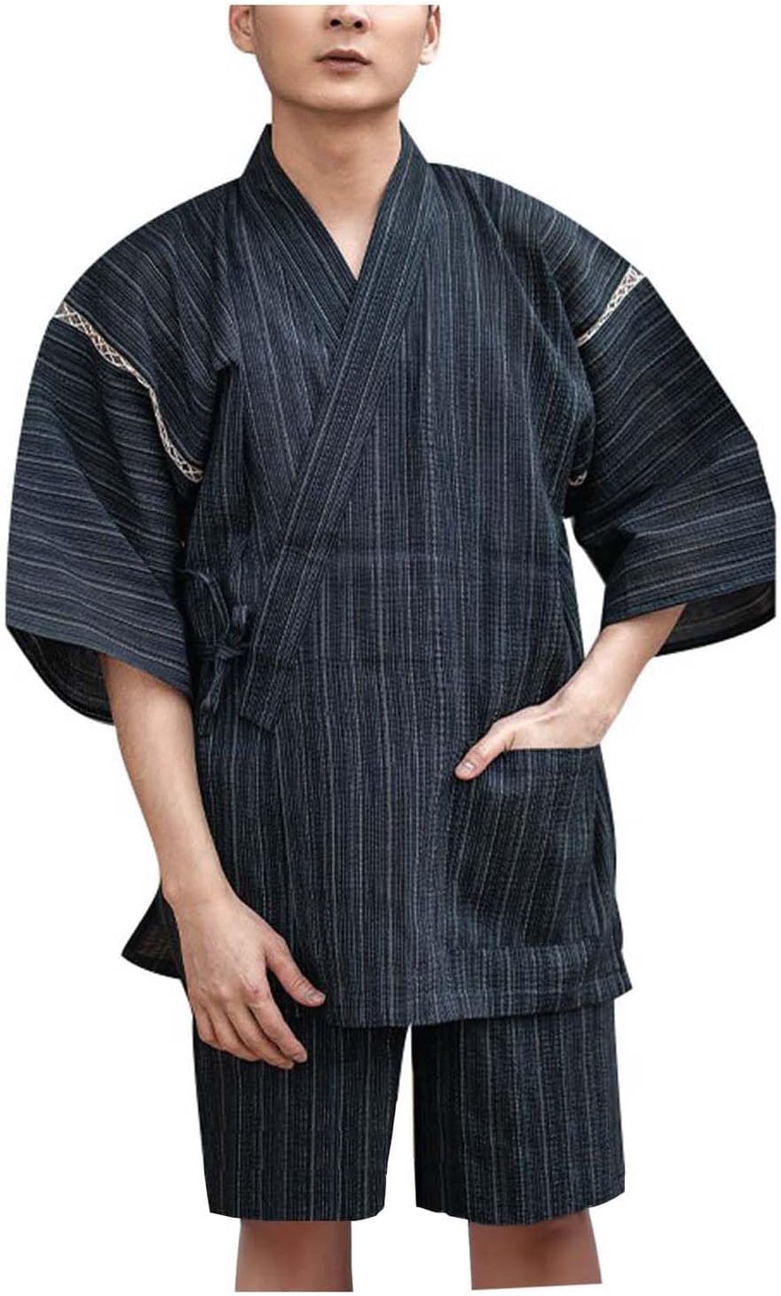 Men's Kimono Japanese Jinbei Shirt and Pant Cotton Linen Loungewear Lounge Set Spa Bathrobe, Style 5 Multicolor