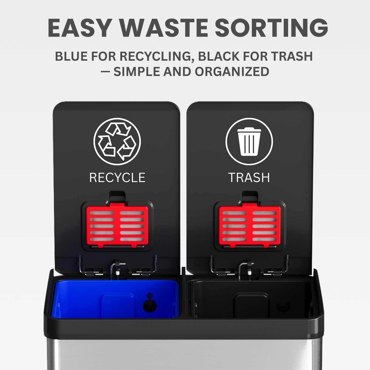 iTouchless 60 Liter / 16 Gallon Dual Compartment Kitchen Trash Can & Recycling Bin, Odor Filter, Soft-Close, Hands-Free Step Pedals, 2x 8-Gal Color-Coded Buckets, Smudge-Resistant Stainless Steel