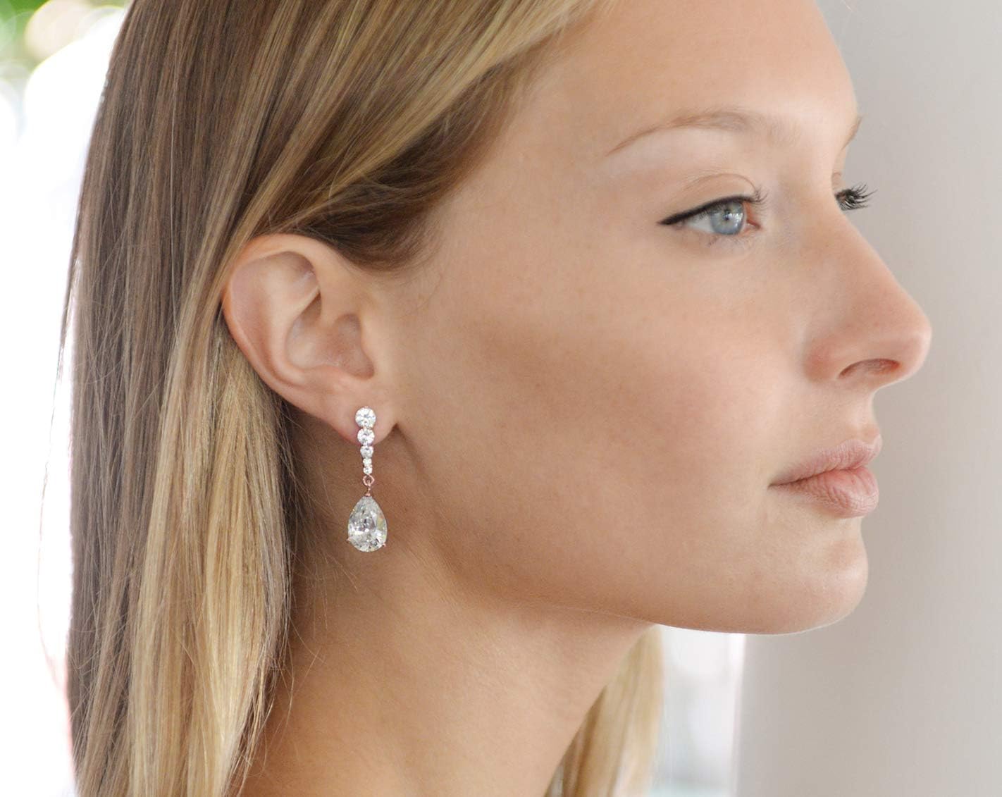 Mariell Rose Gold Cubic Zirconia Wedding Drop Earrings, Teardrop CZ Crystal, for Brides, Bridesmaid, Prom