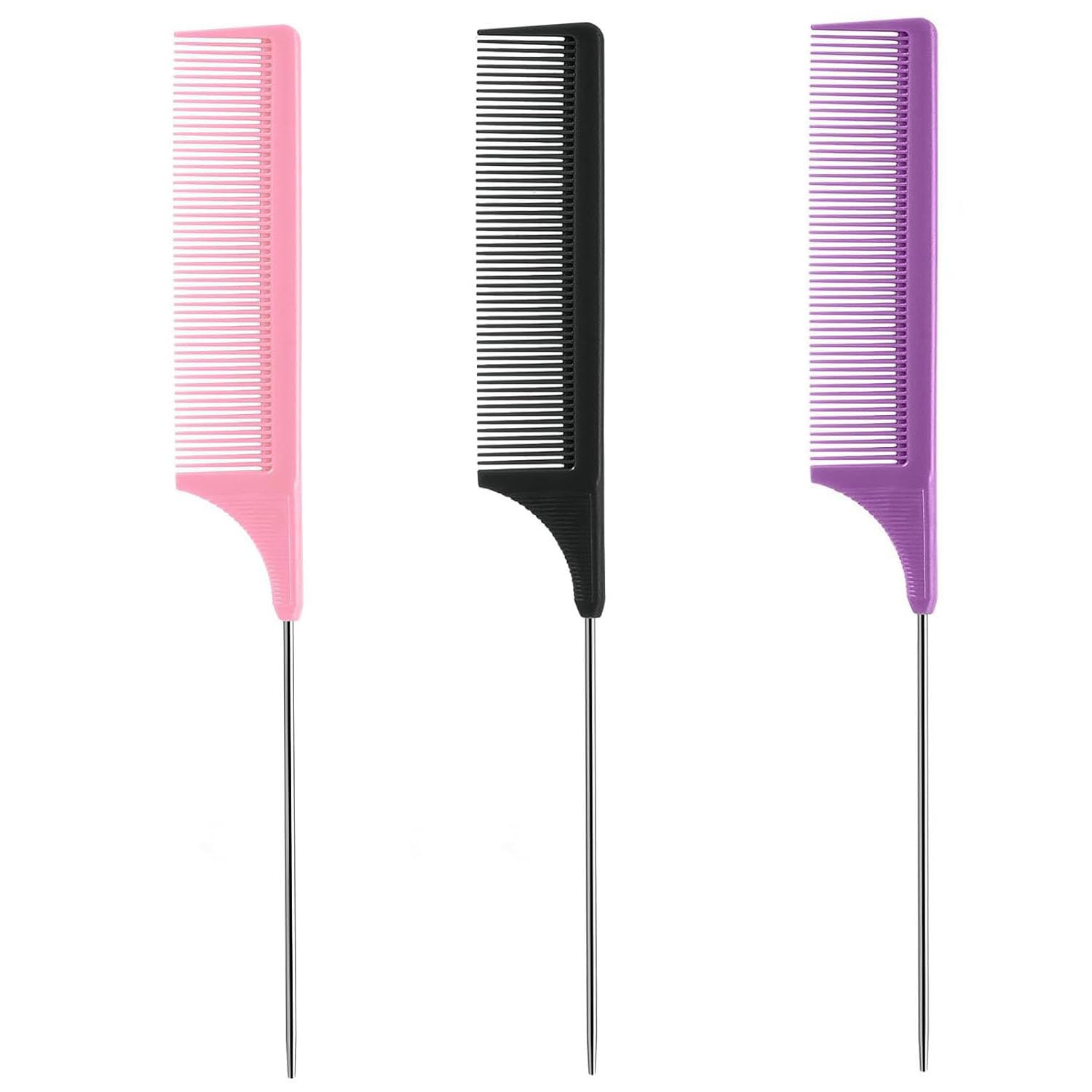 Trati Rat Tail Comb Set, 3Pcs Carbon Fiber Hair Combs for Salon, Hair Styling, Parting, Back Combing, Post Styling and Hair Coloring, Purple|Black|Pink, Lightweight and Durable, Hair Combs for Women