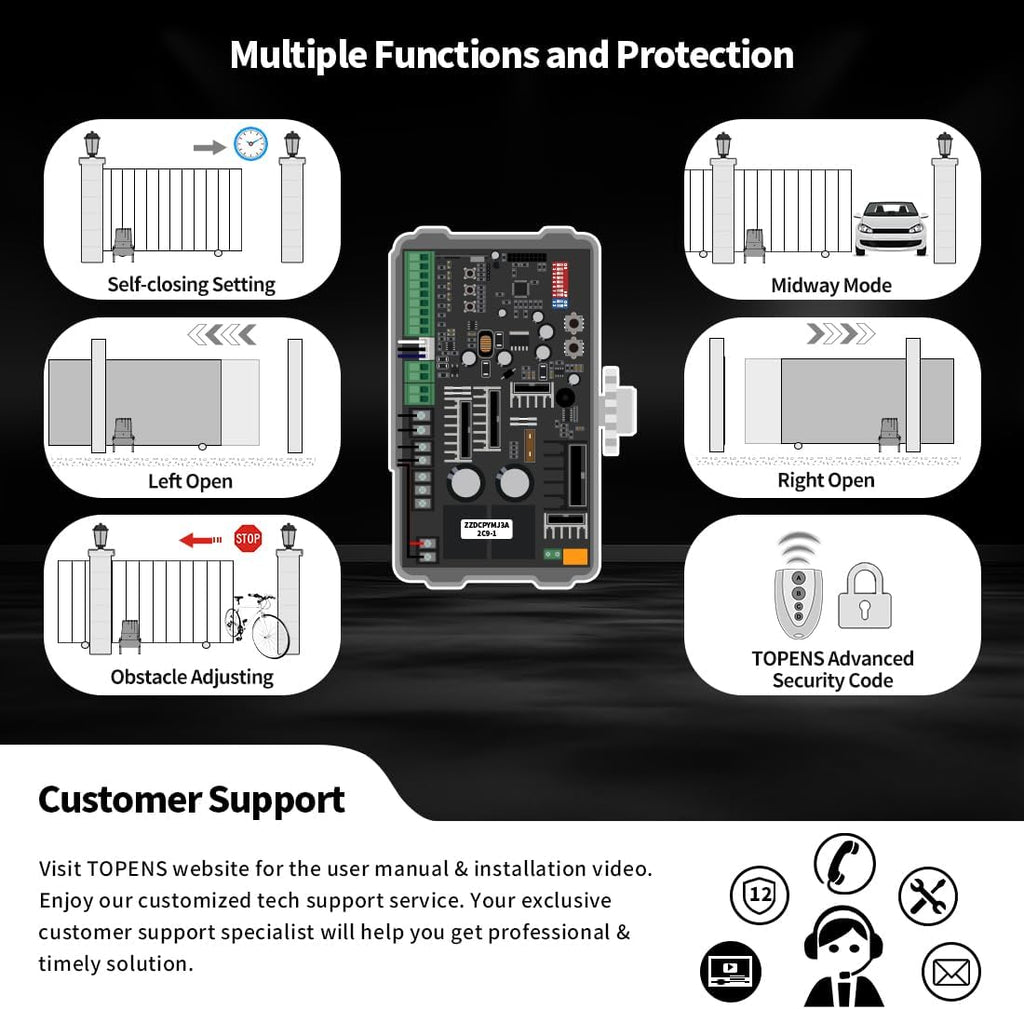 TOPENS DKC2000S Solar Sliding Gate Opener Chain Drive Automatic Gate Motor for Heavy Driveway Slide Gates Up to 4400 Pounds, Electric Gate Operator Battery Powered with Solar Panel Remote Control Kit