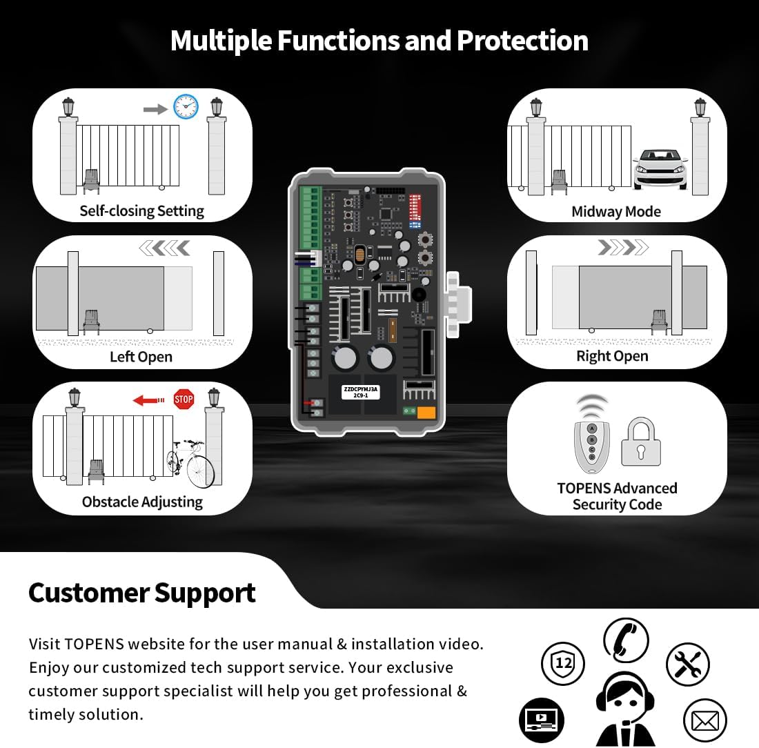TOPENS DKC2000S Solar Sliding Gate Opener Chain Drive Automatic Gate Motor for Heavy Driveway Slide Gates Up to 4400 Pounds, Electric Gate Operator Battery Powered with Solar Panel Remote Control Kit