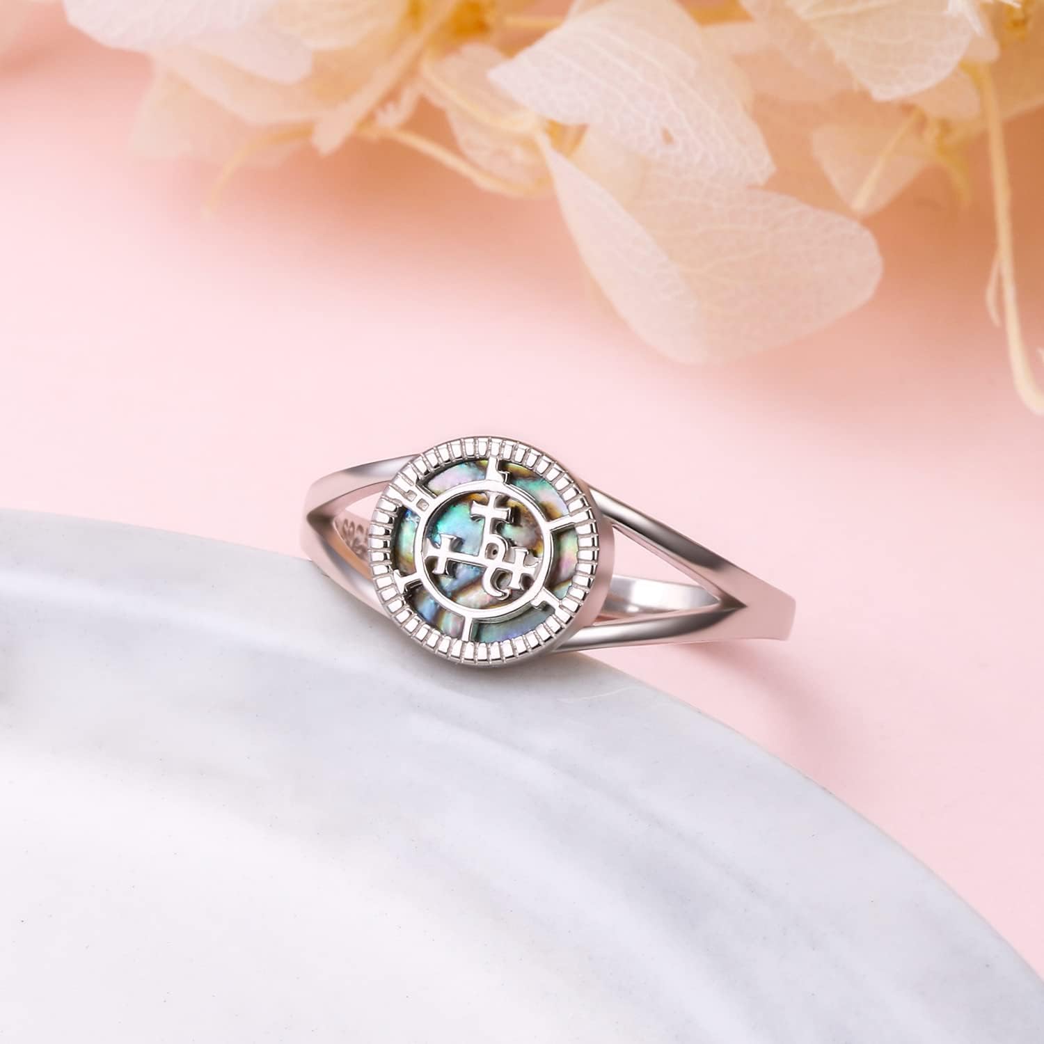 DAOCHONG Sigil of Lilith Abalone Shell Statement Ring S925 Sterling Silver Sigil of Lilith Statement Ring Gifts for Women Men
