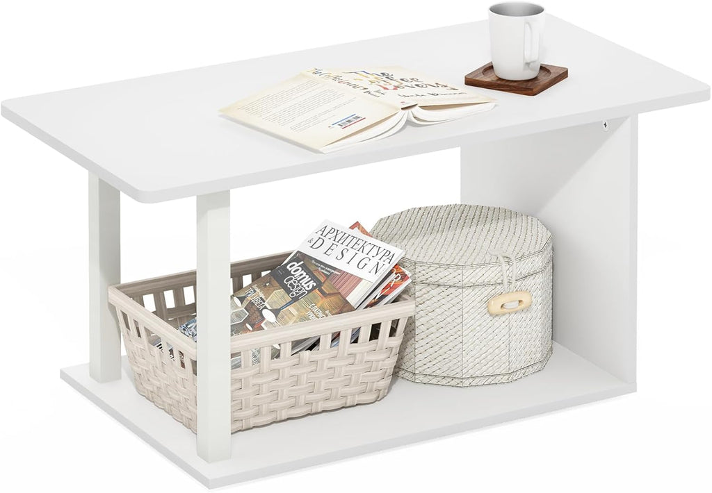 Furinno Basic Coffee Table, 2-Tier Modern Coffee Table with Open Shelf, Easy Assembly Side Table, for Living Room, Bedroom, Home Office, White