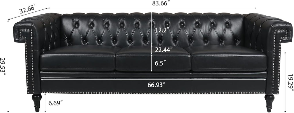 Ball & Cast 83" Chesterfield Leather Sofa with Channel Tufted Seat Back,Removable Square Arm Nailhead Trim Classic 3 Seater Couch,Mid Centuryfor Living Room,Bedroom,Office,Black PU