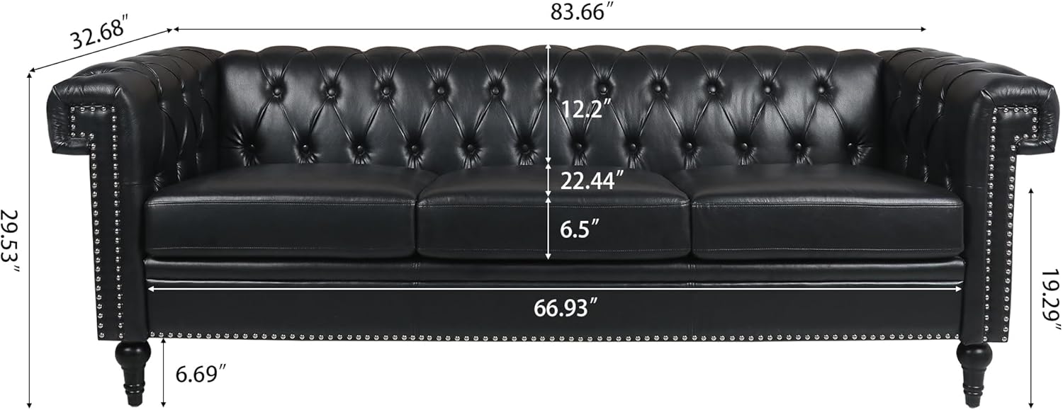Ball & Cast 83" Chesterfield Leather Sofa with Channel Tufted Seat Back,Removable Square Arm Nailhead Trim Classic 3 Seater Couch,Mid Centuryfor Living Room,Bedroom,Office,Black PU