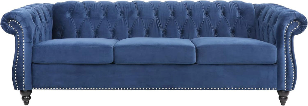 LEVNARY Three-Seat Velvet Sofa, Large Sofa Classic Tufted Chesterfield Settee Modern 3 Seater Couch Furniture Tufted Back for Living Room, Blue