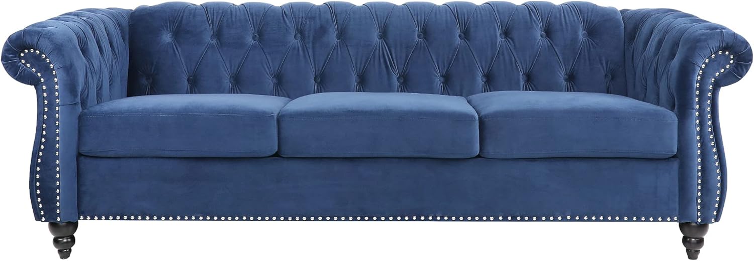 LEVNARY Three-Seat Velvet Sofa, Large Sofa Classic Tufted Chesterfield Settee Modern 3 Seater Couch Furniture Tufted Back for Living Room, Blue