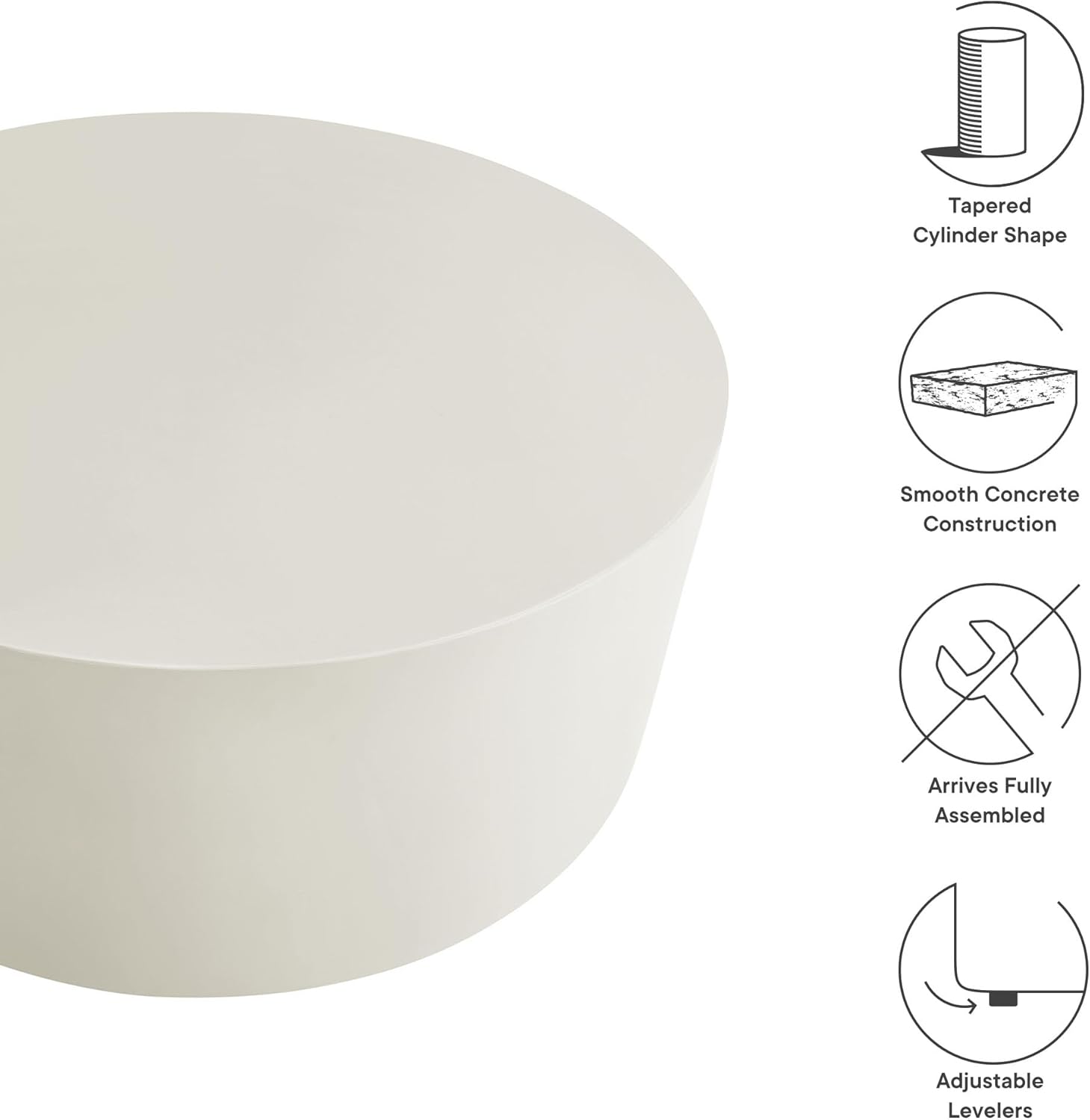 Modway Brion 34 Inch Round Concrete Coffee Table – Indoor/Outdoor Tapered Cylinder Coffee Table – Low Center Table for Living Room or Patio in White