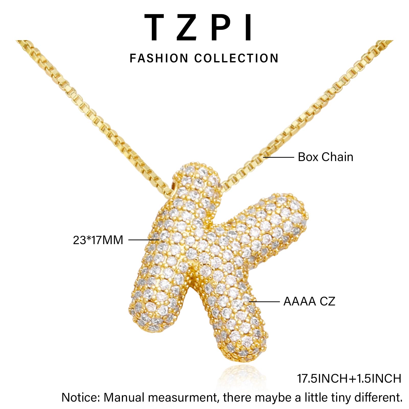 گردنبند حروف حبابی TZPI 18K طلای زنانه، گردنبندهای اولیه با نگین‌های درشت حبابی برای او، آویز نام پف‌دار با حروف الفبا، جواهرات آبکاری شده طلای ضد زنگ