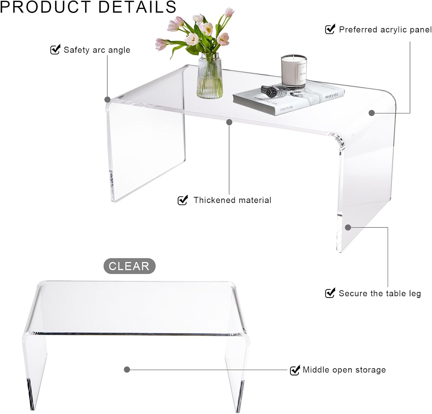 Acrylic Coffee Table for Living Room, 21in Modern Clear Coffee Table, Long End C Table for Bedroom, Dining Room, Kitchen Island, Hallway, Restaurant, Office (21.6 x 11.8 x 11.8 Inch)