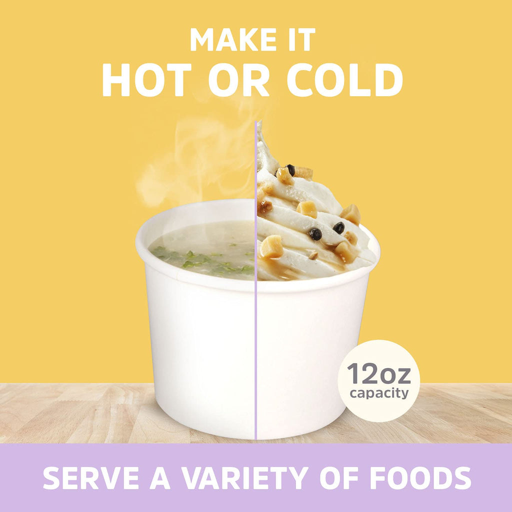 Vasos de papel para helado Promora de 12oz desechables 50 unidades + cucharas, tazones para sopa caliente/postre con cucharas, perfectos para comida caliente y fría, tazones desechables para sopa, tazones para helado, yogur congelado (blanco 12oz)