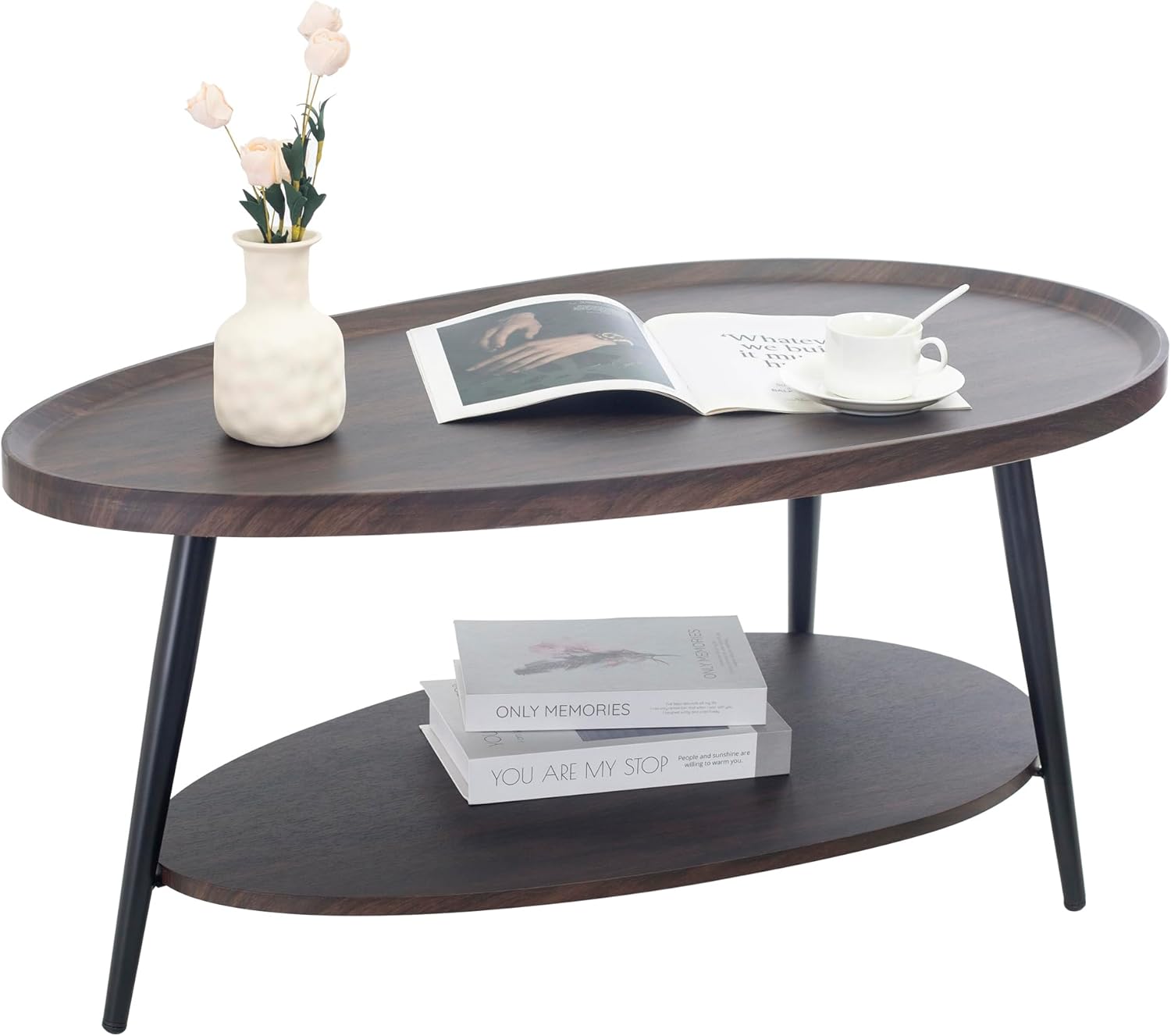 Oval Coffee Table, 2-Tier Coffee Table with Open Storage Shelf, 40" Modern Wood Center Table Tea Table for Living Room, Bedroom, Apartment, Dark Walnut