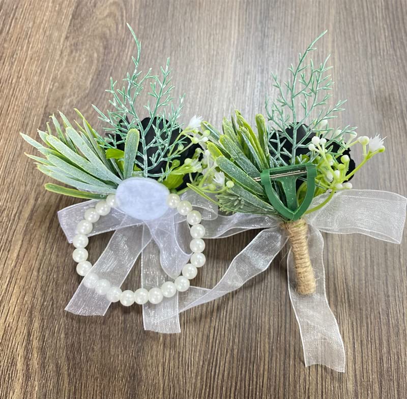 Rikyo Rose Wrist Corsage Wristlet Band Bracelet and Men Boutonniere Set, Corsage for Prom,Bride Hand Flower Flowers Ceremony,Wedding Party Prom Decor,DIY Petals Hair Hat Wreath (Black)