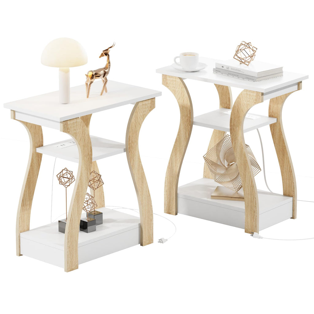End Tables Living Room, White End Table with Charging Station,White Side Table, Nightstand for Bedroom, 3 Tier End Table with Storage Shelf for Living Room