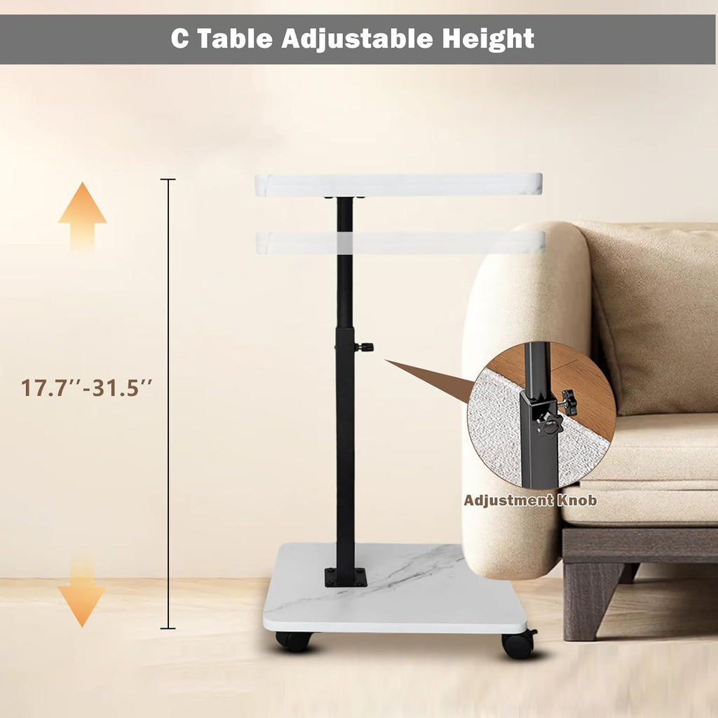 TV Tray Table,360° Swivel Height Adjustable TV Tray for Drink&Snack,Couch Tables That Slide Under,C Shaped End Table with Wheels,Small C Shaped Side Table Living Room&Bedroom-Square White