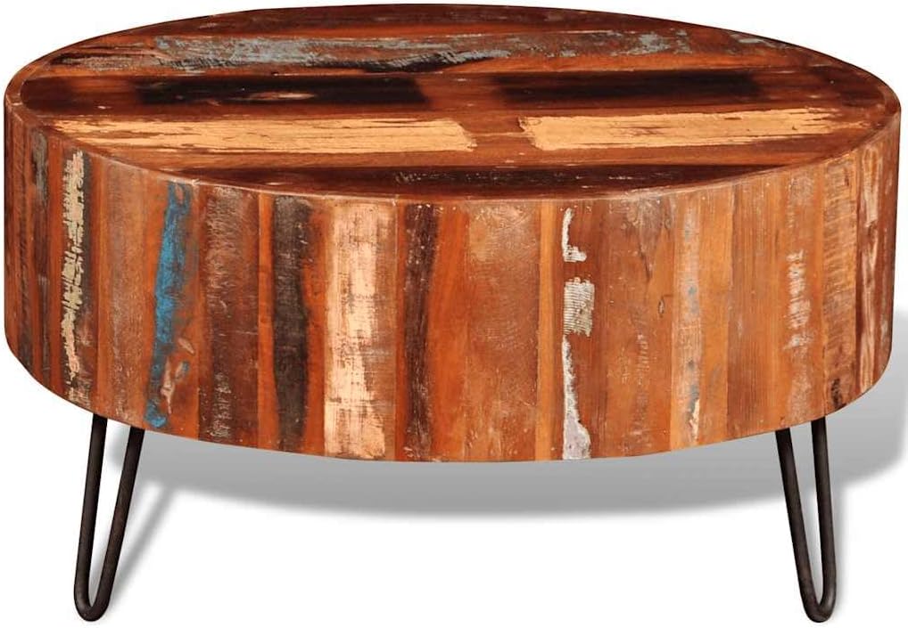 vidaXL Coffee Table, Round Center Table, Solid Reclaimed Wood, Iron Legs, Fully Handmade, Multicolor, Living Room, 27.6" Diameter x 15.0"