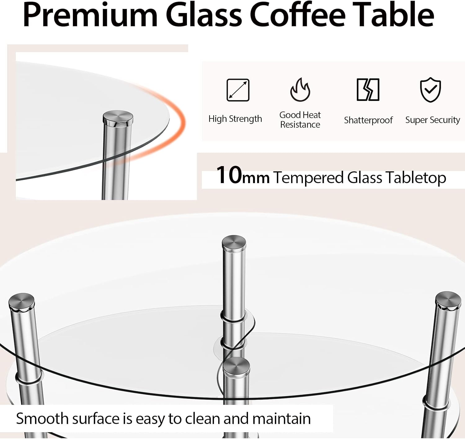 S AFSTAR Glass Coffee Table, 3-Tier Modern Oval Smooth Glass Tea Table Center Table End Table with Open Storage Shelf,Sturdy Steel Legs for Living Room,Home,Office,Cocktail Tea Table (Clear)