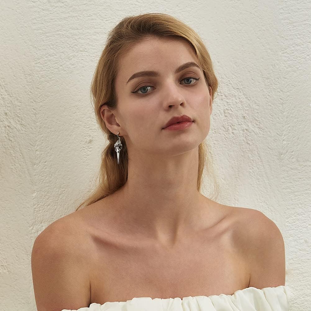 Halloween Jewelry Silver Crow Skull Earrings Charm Dangle Earrings Raven Earrings Bird Skull Jewelry Gothic Gift Set Punk Design