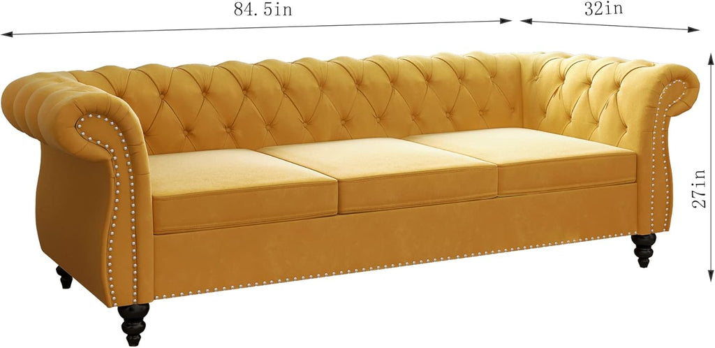 Chesterfield Sofa Velvet, Modern Tufted Couch 3 Seater with Rolled Arms and Nailhead for Living Room, Bedroom, Office, Apartment (Mango)