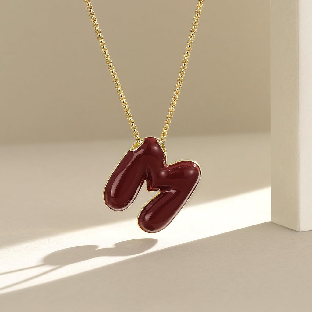 KissYan Bubble Letter Necklace, 14K Gold Plated Enamel Initial Pendant Box Chain Necklace Dainty Alphabet Jewelry for Women(Red M) - Grand Goldman
