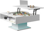Square Lift Top Coffee Table with Storage, White Led Coffee Table for Living Room with Large Hidden Storage, 30.7" Wood Table Led Center Table for Dining Reception Room