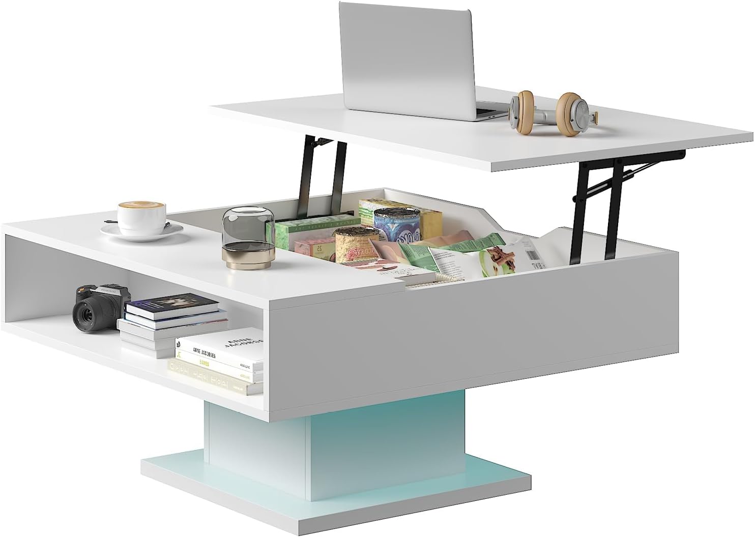 Square Lift Top Coffee Table with Storage, White Led Coffee Table for Living Room with Large Hidden Storage, 30.7" Wood Table Led Center Table for Dining Reception Room