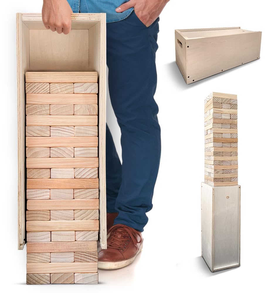 SWOOC Games - Giant Tower Game with 3-in-1 Straightener, Table & Storage Box - 90% Faster Set Up with Transforming Box & Straightener - Starts at 2-4ft - Grows to Over 6ft - Large Outdoor Yard Games