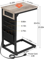 AMHANCIBLE C Shaped End Table with Charging Station, TV Tray Set of 2, Couch Tables with Storage Bag, Slide Under Sofa Side Table with USB Ports and Outlets for Living Room, Grey HET04CGY