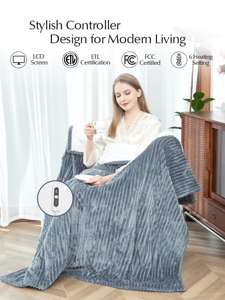 Heated Blanket Throw Size, Soft and Cozy Electric Heating Blanket for Bed, Automatic Safety System 6 Heating Levels & 4 Hours Auto-Off, 50" x 60" Dark Grey