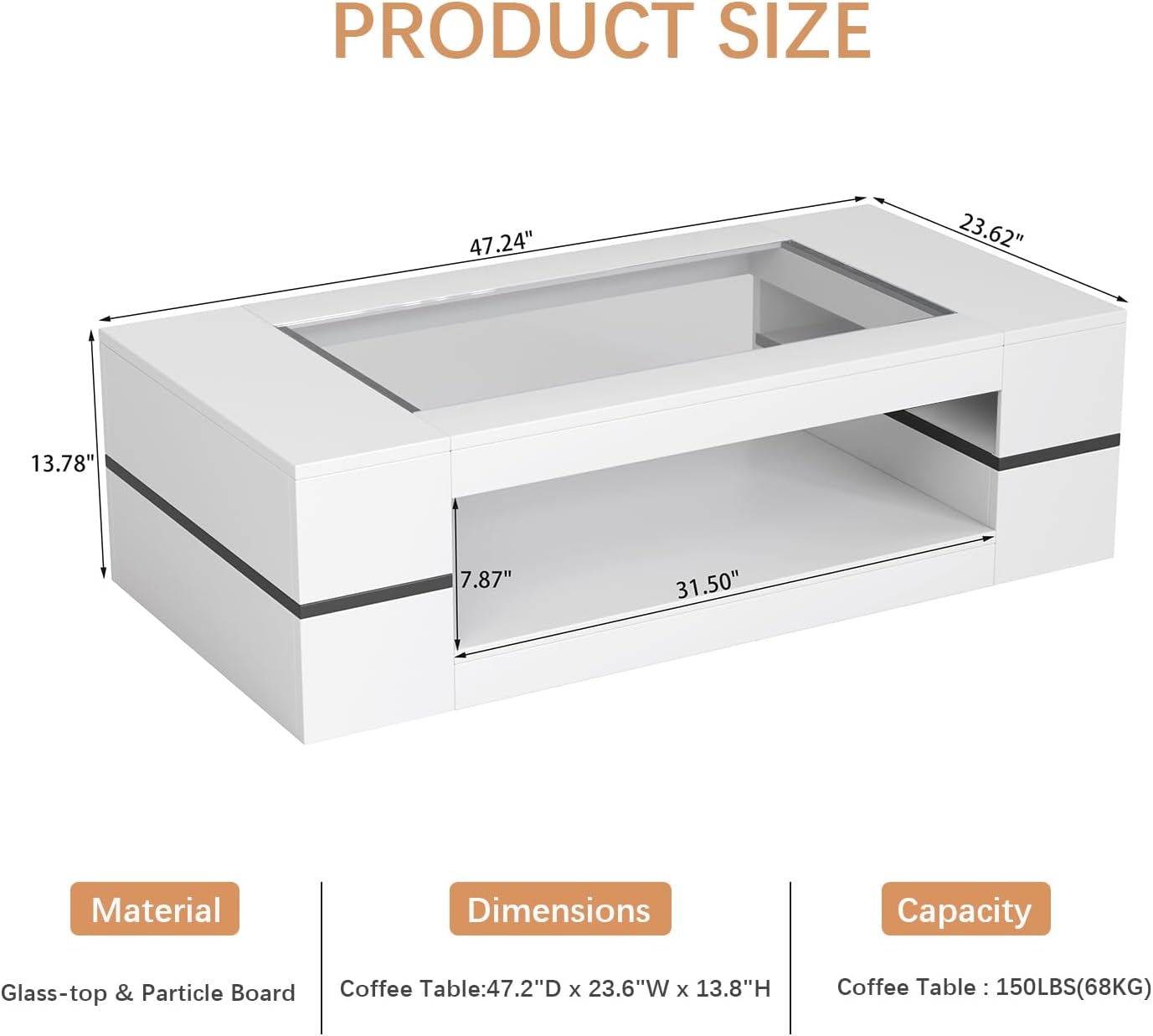 47.2" Modern Stylish Coffee Table with Glass Table Top, Large Living Room Table Rectangular 2-Tier Center Tables with Storage, Wooden Tea Tables for Dining Reception Room, White