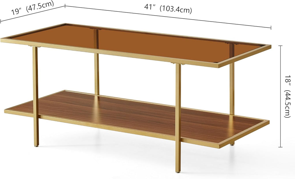 Modern Rectangle Glass Coffee Table with Amber Glass Top, Rectangle Glass Table for Living Room, L41''×W19''×H18'', Gold Table Legs Structure & Amber Glass Top