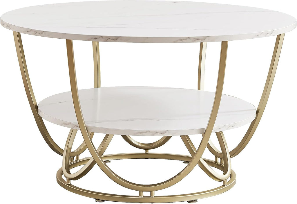 Elephance Round Coffee Table with Storage, 30 Inch Modern Coffee Table for Living Room,Wooden Tabletop-Marble White Print with Gold Frame