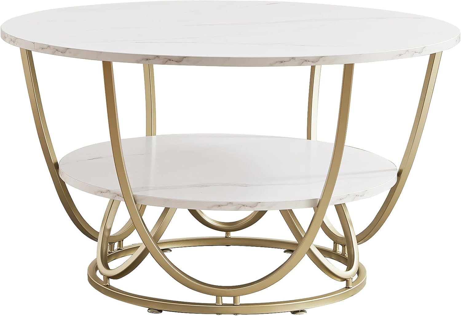 Elephance Round Coffee Table with Storage, 30 Inch Modern Coffee Table for Living Room,Wooden Tabletop-Marble White Print with Gold Frame