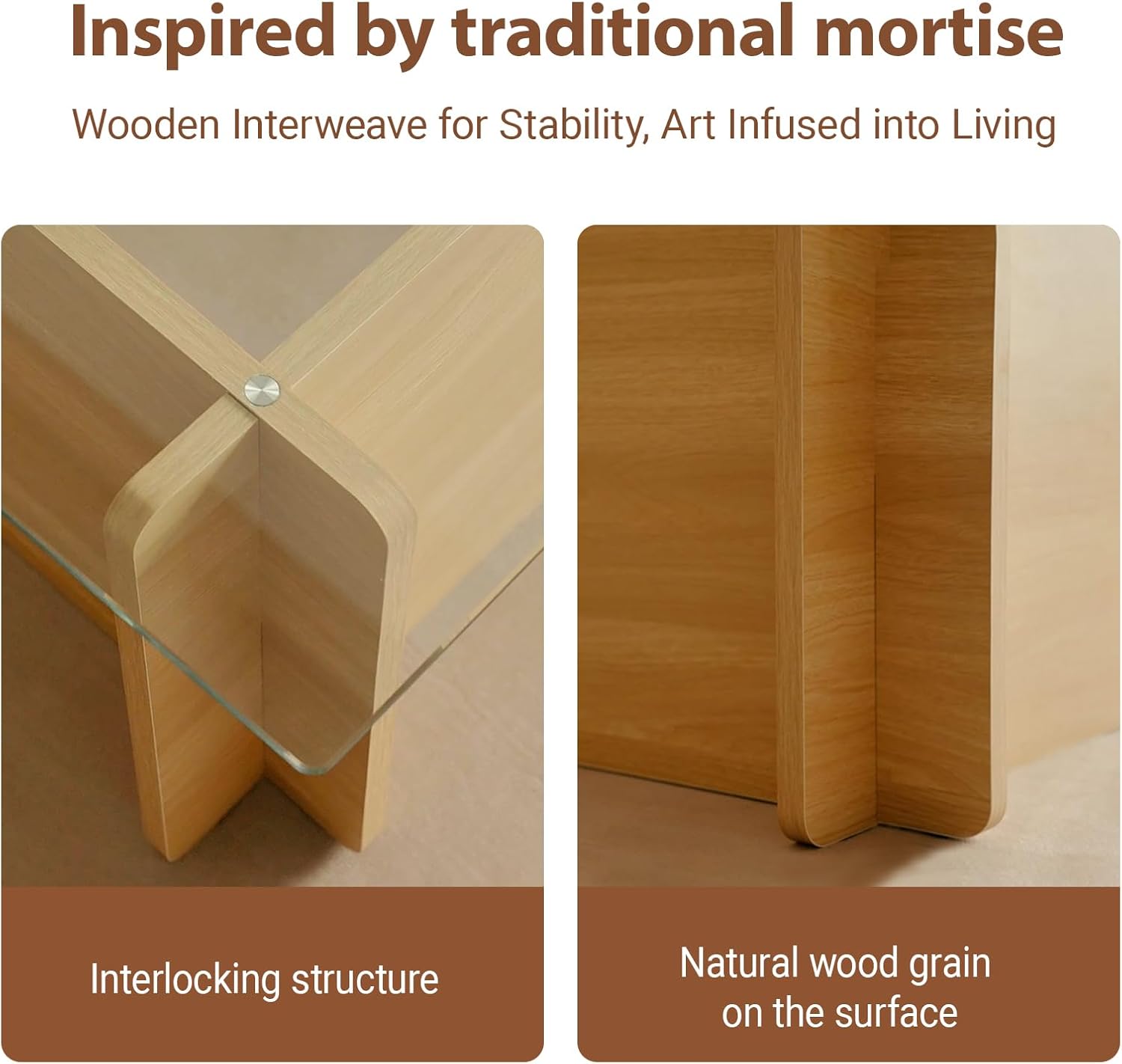 Modern Glass Coffee Table, Artistic Rectangular Coffee Table with Tempered Glass Top and Geometric Wooden Base, Designer Minimalist Center Table for Living Room, Small Space, Apartment, Office