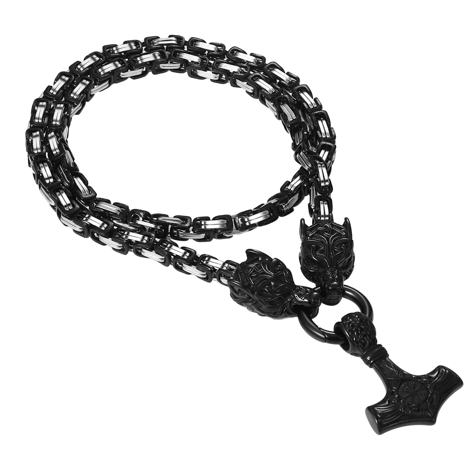 OIDEA Viking Thor's Hammer Necklace for Men: Vintage Viking Helm of Awe Mjolnir Pendant with Wolf Head Byzantine Chain Amulet Jewelry Gift for Men Women 24in Chain
