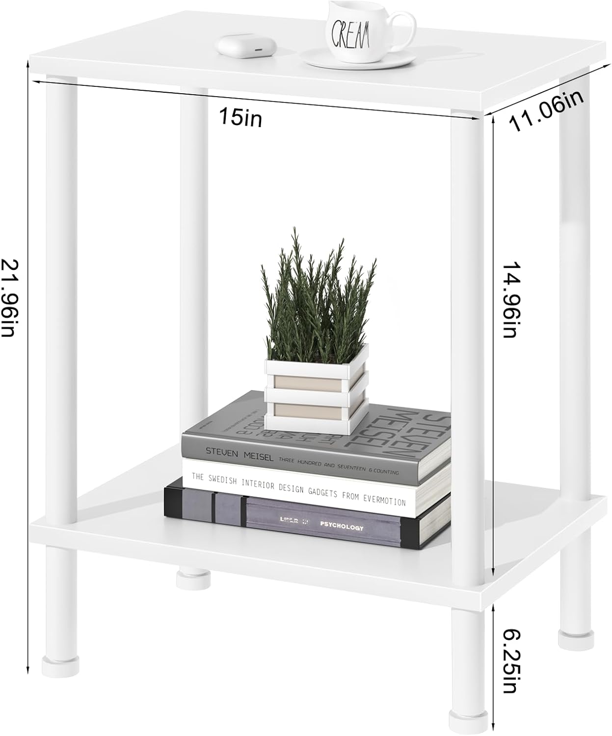 End Table,Small Side Table,2-Tier Nightstand with Storage Shelf,Sofa Bedside Table for Small Spaces in Living Room,Bedroom, Office,Stable Frame,Easy Assembly,White