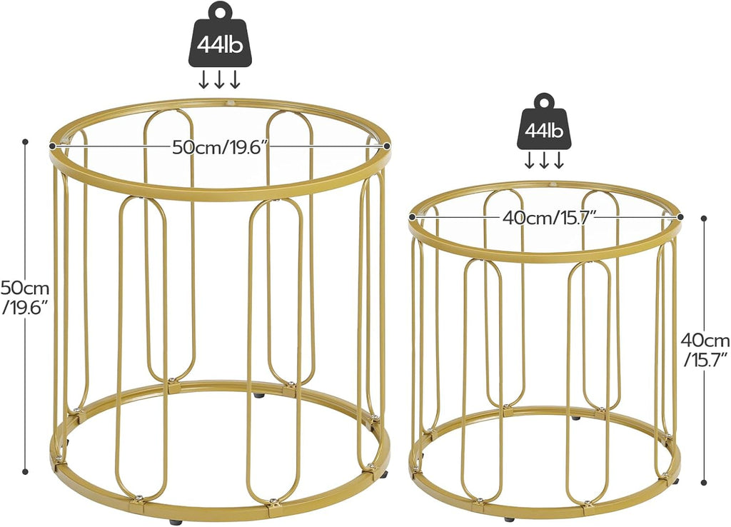 HOOBRO Small Coffee Table Set of 2, Gold Accent End Tables with Metal Frame, Round Coffee Side Table with Tempered Glass Top, for Living Room, Bedroom, Gold GD113BZ01