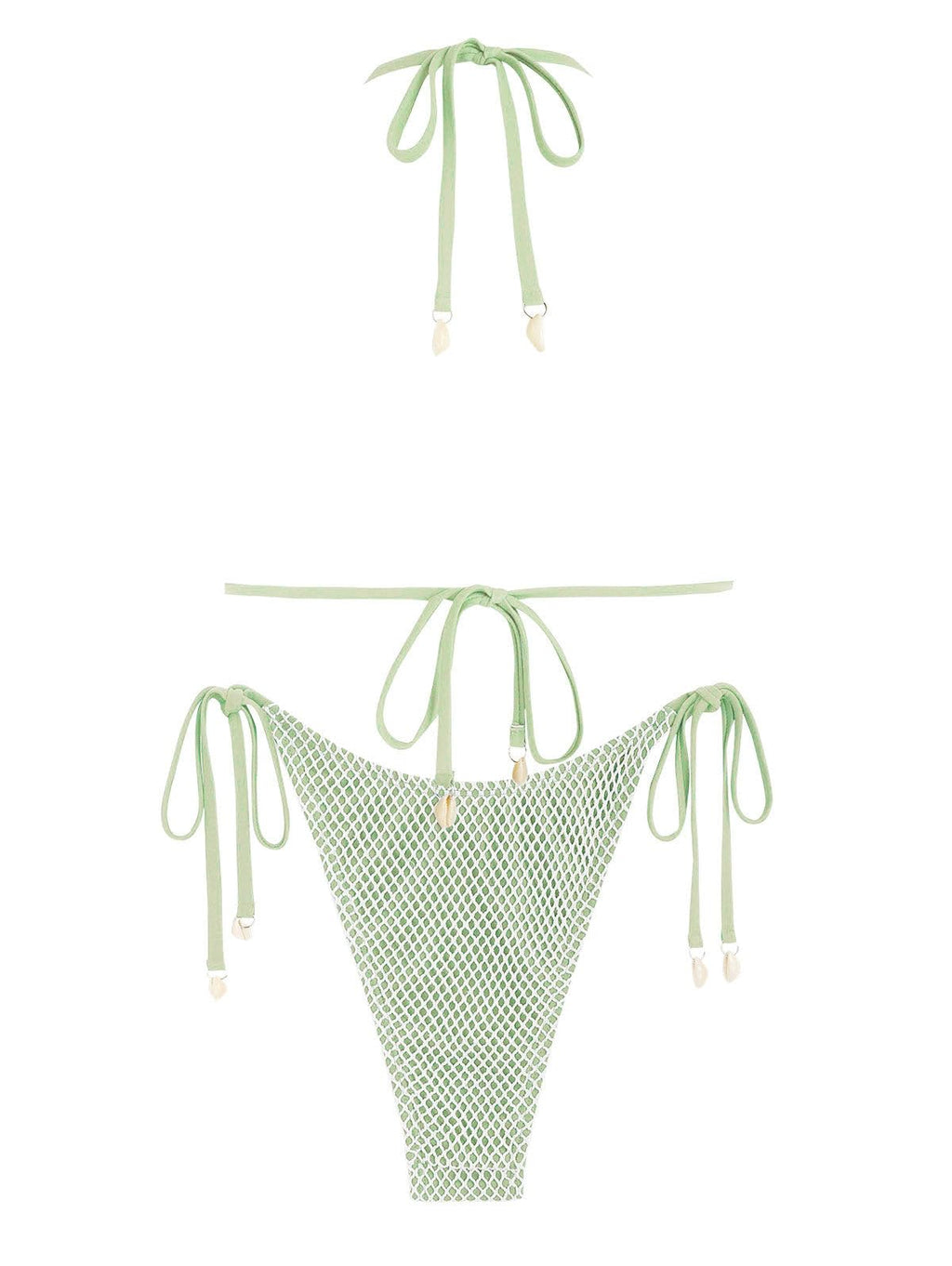 seamoly Womens String Bikini Sets Fishnet Shell Triangle High Cut Side Tie Thong Halter Bathing Suit 2 Piece Swimsuits Green S