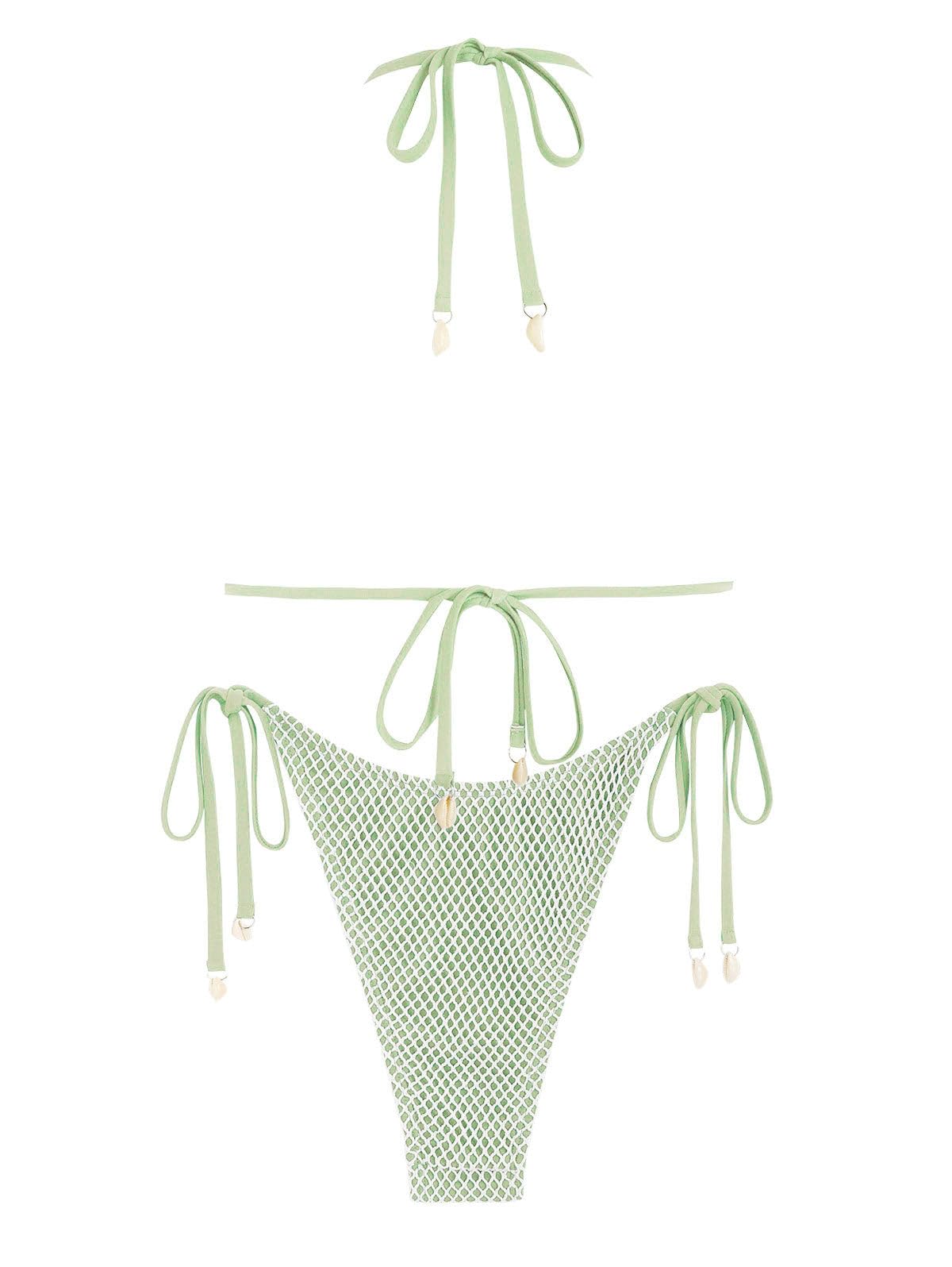 seamoly Womens String Bikini Sets Fishnet Shell Triangle High Cut Side Tie Thong Halter Bathing Suit 2 Piece Swimsuits Green S